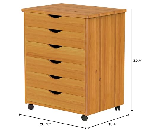 Adeptus Original Roll Cart, Solid Wood, 6 Drawer Extra Wide Drawers Roll Carts, Medium Pine