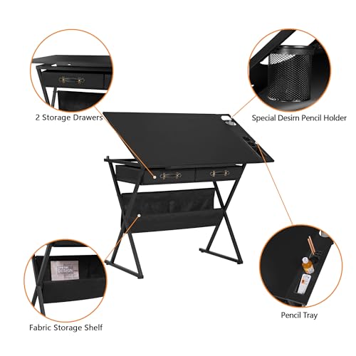VECELO Drafting Table Art Desk Art Table Adjustable Drawing Table Tilted Tabletop with 2 Storage Drawers and Stool, Drawing Desk for Artist Painters Drawing, Crafting, Reading, Writing, Black