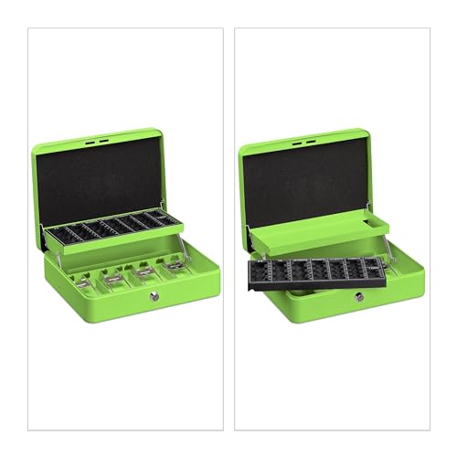 Relaxdays Lockable, Coin Count Board & 4 Money Tray, Safe, H x W x D: 8.5 x 30.5 x 24.5 cm, Green