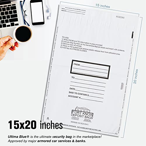 BankSupplies Ultima Blue Dual Pocket White Deposit Bags 15W x 20H Tamper Evident Security Bags 100 Box