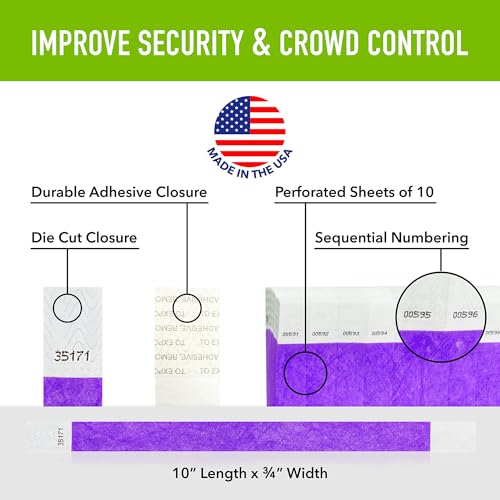 5,000 WristCo Purple Tyvek Wristbands for Events - Tamper-Proof