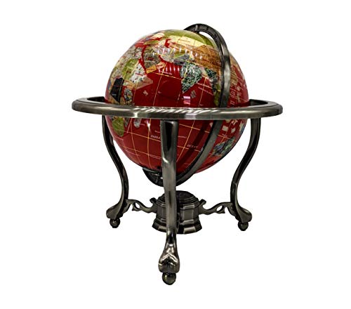 Limited Edition! Unique Art Since 1996 RED Table Top Gemstone World Globe with Tripod Silver Zinc Alloy Stand (220MM/9 INCHES/RED OCEAN)