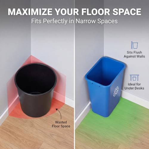 10 Pack, Recycle Wastebasket, 41 Qt./10 Gallon Rectangular Wastebasket / Trash Can Kit - Space Saving Recycling Bin, Narrow Spaces in Commercial, Kitchen, Home, Office, and Dorm - Black and Blue