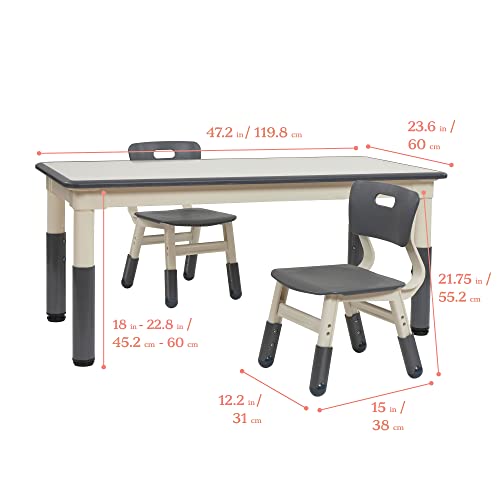 ECR4Kids Dry-Erase Rectangular Activity Table with 2 Chairs, Adjustable, Kids Furniture, Grey, 3-Piece