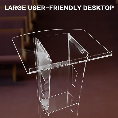 Mecpramy Acrylic Podium,Led Light Lectern Stand with Wheels,Church Pulpit for Weddings and Classrooms,23.6 * 17.7 * 43.3in,Easy to Set Up with Durable Acrylic Material, with a Shelf for Storage