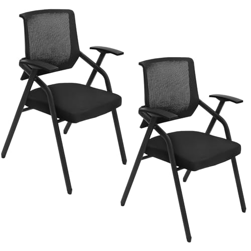 Yellulu Arm Chair, 2 Pack Folding Office Desk Chair, Mesh Guest Reception Stack Chairs, Executive Office Chairs for Conference Waiting Room, with Arms - Anti-Slip Feet - Mesh Net Back, Black