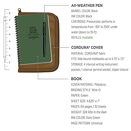 Rite in the Rain Weatherproof Side Spiral Kit: Tan CORDURA® Fabric Cover, 4.625" x 7" Green Notebook, and Weatherproof Pen (No. 973-KIT)