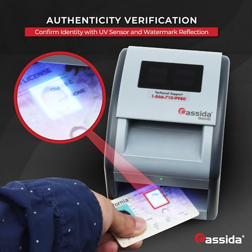 Cassida Omni-ID 2-in-1 Currency Counterfeit Detector with UV Identification Verification Lights – Bill Checker with Infrared, Magnetic and Ultraviolet Sensors - Pass/Fail Display (Pass/Fail + UV)