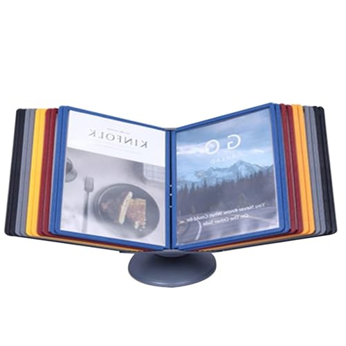 GUODDM Adjustable Desk Flip File Holder, Desk Reference Organizer, 10 Double-Sided Display Pockets, Wall Mount Desktop Reference System, Catalog Display Rack(Multi-colored)