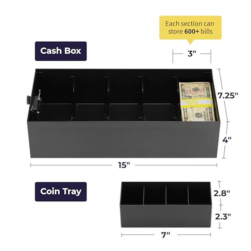 Volcora Cash Box Money Organizer - 15” x 7.5” x 4” Cashbox 5 Compartments Drawer Tray - Bills and Coin Slot with Combination Lock for POS Register, Kiosk, Retail, Personal and Business Use, Black