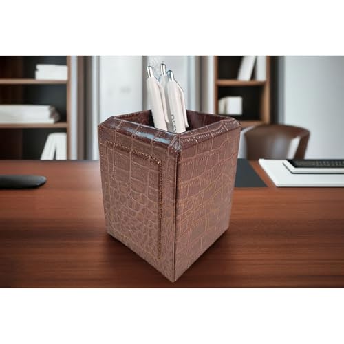 Dacasso Brown Crocodile Embossed Leather Pencil Cup