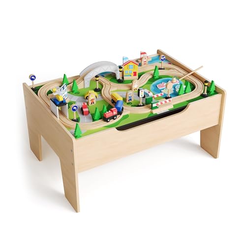 IDEALHOUSE 78-Piece Wooden Train Table Set for Kids – Reversible Top