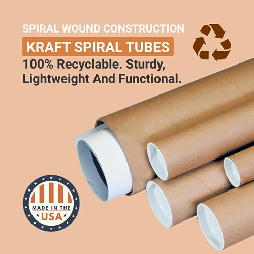 BOX USA Cardboard Tubes with Caps, 12"L x 2.5"W x 2.5"H, Pack of 34 | Poster Tube for Mailing and Storage of Blueprints, Artwork, Crafts, Long Art Holder, 12 inches