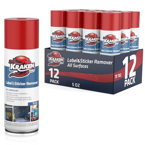 KRAKEN BOND Label & Sticker Remover Spray - (12x5oz) Quick-Dissolve Adhesive Remover Spray with Citrus Scent, Removes Tar, Tape & Bumper Stickers on Multiple Surfaces, No Damage to Paint, 12 Pack