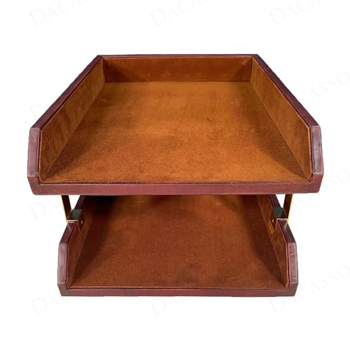 Dacasso Mocha Leather Front-Load Double Letter Tray Set w/Gold Stacking Posts - Luxury Executive Decor and Office Essential - Desk Surface Protector