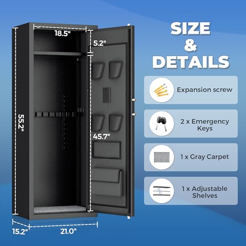 Greenvelly 15-18 Gun Safe for Rifles and Pistols, Quick Access Rifle Safe with Digital Keypad and 4 Handgun Pockets, Gun Cabinet with 3 Removable Gun Racks for Home, Bedroom, Hunter Cabin, Black