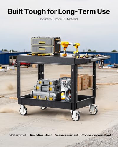 VEVOR Utility Cart, 550 lbs Load Capacity, 37 x 25.4-inch Service Cart, Two-Shelf Heavy Duty Plastic Utility Cart with 360° Swivel Wheels (2 with Brakes), Suitable for Warehouse, Garage, Cleaning