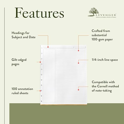 Levenger Circa Luxe Annotation Ruled Discbound Paper Refill, Gilded Edge Disc Notebook and Planner Inserts, 100 sheets, Gold, Letter