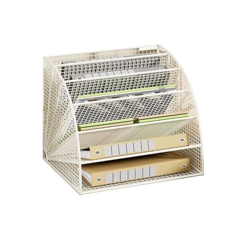 File Organizer Fan-Shaped 6 Compartment Desktop Mesh in Tray Office Desk Tidy A4 File Holder Desk(White)