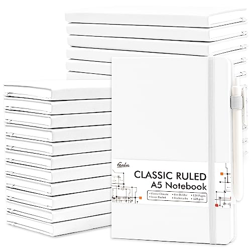 feela College Ruled Notebooks, 24 Pack Business Notebook Hardcover Lined Writing Journal with Pen Holder for Men Women Note Taking, with 24 Black Pens, 120 GSM, 5.1”x8.3”, A5, White