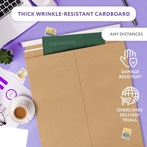 APQ Supply Natural Brown Rigid Mailers, 13 x 18 Inch. Pack of 100 Cardboard Envelopes for Photos, Documents. Sturdy Stay Flat Mailers with Self-Seal Closure. Hard Rigid Shipping Envelopes