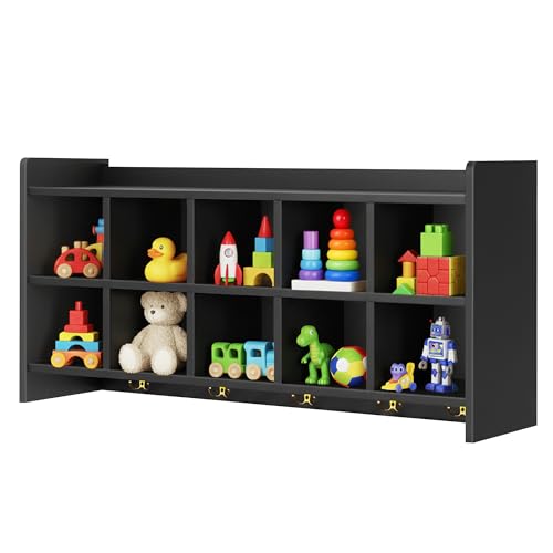 Verssure Wall Cubbies, 10 Cubby Storage Organizer with Coat Hooks, Cubbies for Classrooms,Wooden Cubby Shelf for Toys, Bags and Books, Used in School, Gym, Daycare Storge (Black)