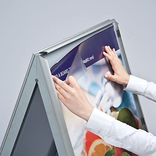 M&T Displays Silver Sandwich Board, 22x28 Inches Poster Sidewalk Display, 1" Aluminum profile, A-Frame with Header Menu Board, Double Sided, Polystyrene Backing, Mitered Corner