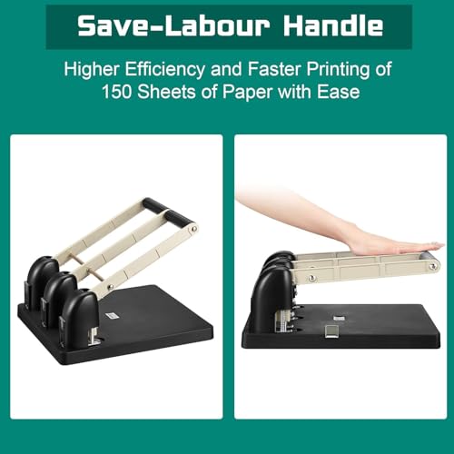 Manual 3-Hole Puncher, 3 Hole Paper Punch with Labor-Saving Handle, 150 Sheet Capacity & Paper Feed Depth 12mm, Long-Lasting Durability, for Offices, Families, Study Rooms, Print Shops