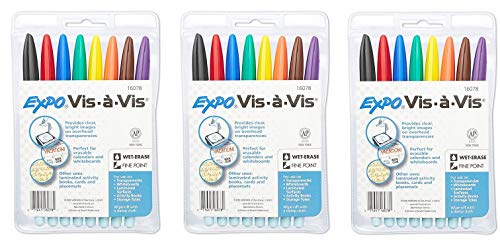 EXPO 16078 Vis-A-Vis Wet-Erase Overhead Transparency Markers, Fine Point, Assorted Colors, 3 Packages (8-Count)