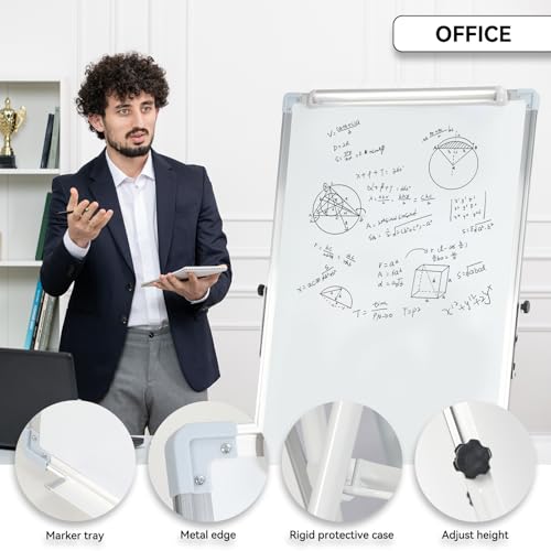 euppaury Magnetic Whiteboard Single-Sided Foldable Tripod Writing Board with Paper Clamp and Pen Storage Rack, Adjustable Height Whiteboard with Non-Slip Rubber Feet White