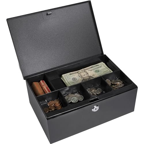 BARSKA 12-Inch Cash Box and 6 Compartment Tray with Key Lock , Black
