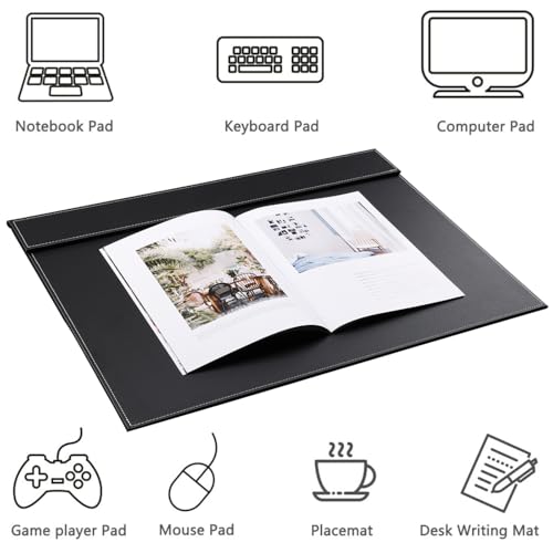 KINGFOM Ultra-Smooth PU Leather Desk Pad & Mat Office Desk Drawing & Writing Board A3/ A4 File Paper Clip Table Protector Mat on Top Large 24''x18'' (Black)
