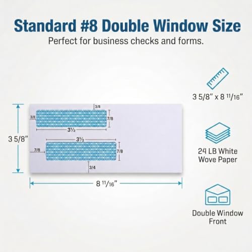 Aimoh #8 Check Envelopes, Double Window Self-Seal Security Envelopes, 500ct
