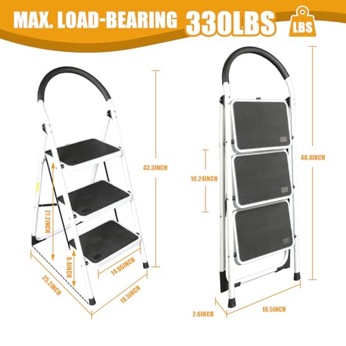 TCE 3 Step Ladder, 400lbs Ergonomic Folding Stool with Anti-Slip Pedal, Step Stool with Padded Handle for Kitchen, Household, Offices
