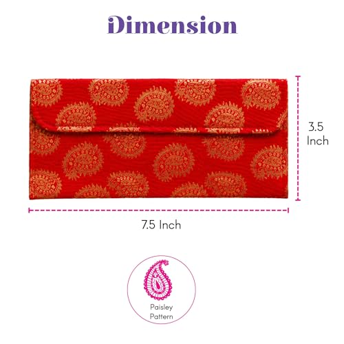 LoveNspire Brocade Fabric Money Envelopes (7.5 x 3.5 Inch) Decorative Paisley Pattern Shagun Lifafa for Indian Wedding, Birthday | Cash Gift Holder & Home Savings Organizer Magenta/Pack of 10
