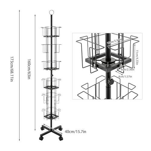 Greeting Card Display Stand, 6-Tier 24-Pocket Rotating Card Holder Display Retail, Metal Black Greeting Card Organizer, Floor Rolling Postcard Rack for Stickers Brochures Postcards Gift Cards CDs Etc