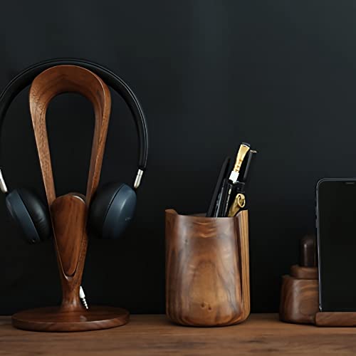 RAN Rustic Pen Holder, Black Walnut Pencil Holder for Desk, Desk Top Round Pen Cup Holder Organizer, Farmhouse Office Supplies
