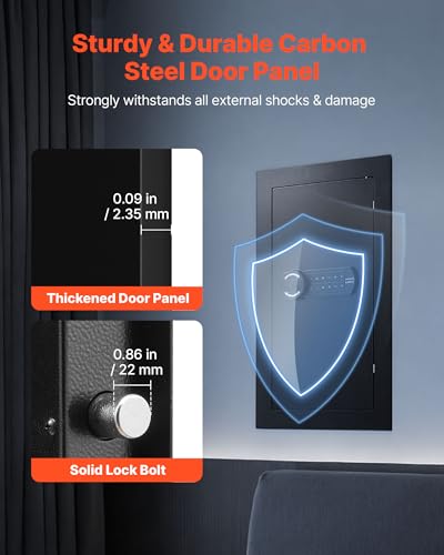 VEVOR 25.6" High Wall Safe, 3-Tier Hidden Wall Mounted Safe with Password & Key, Q235 Cold-Rolled Steel In-Wall Box with LED Lighting, 2 Adjustable Shelves & 5 Key Holders, Black