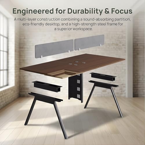 Office Cubicle Desk,4-Person Office Cubicle Workstation,Large Computer Desk with Privacy Panels & Cable Management,Offices Commercial Workspace (Walnut Brown, 94.4IN, Barrier workstation table)