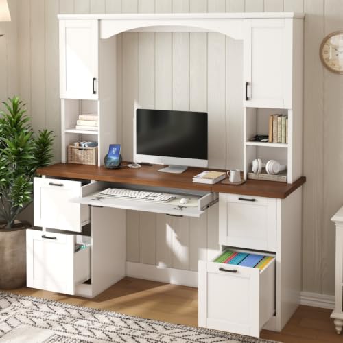 EWUZOSE Arched Computer Desk with Hutch Charging Station and File Drawer (Engineered Wood,White)