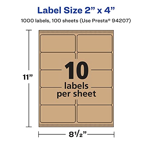 Avery® Kraft Brown Rectangle Labels, Sure Feed® Technology, 2" x 4", 1,000 Kraft Brown Labels, Laser/Inkjet Printable