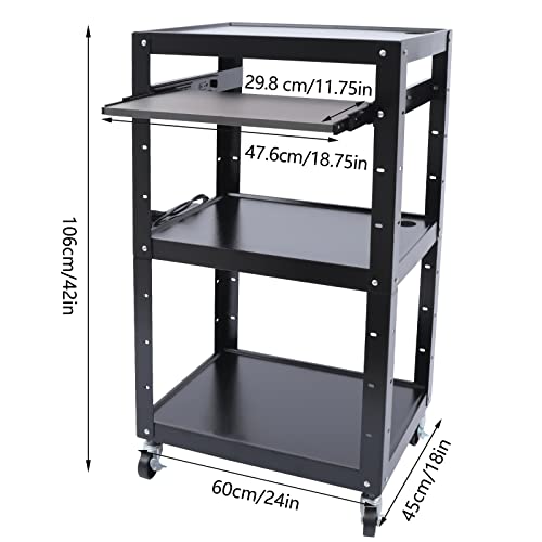 AV Cart on Wheels, Cold Rolled Steel Utility Carts, Height Adjustable with Top Shelf, Pullout Keyboard Tray and Power Strip, Rolling Standing Desk Stand Up Desk, Home Office Standing Desk