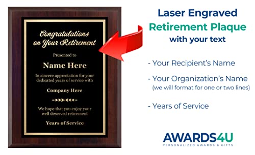 Customized Retirement Plaque Award – Laser Engraved Personalized Gift – Choose Your Size – Customize Now! (9x12)