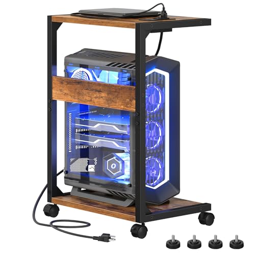 HOOBRO Computer Tower Stand, PC Stand with Charging Station, 2-Tier PC Tower Stand with Locking Caster Wheels, CPU Stand Fits Most PCs, PC Stand for Floor, for Home Office Rustic Brown BF01UCJ01G1