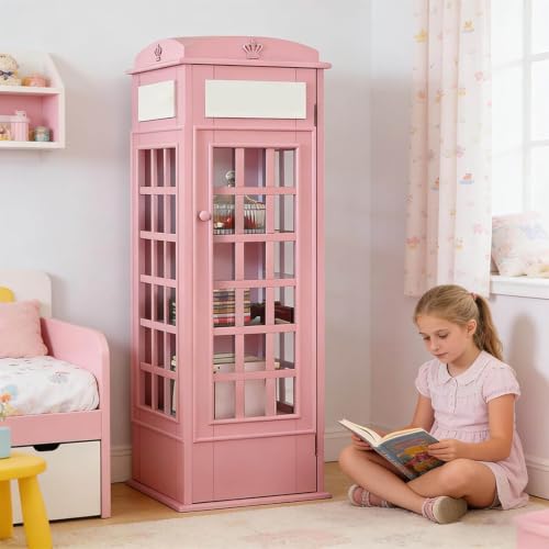 LJLYYDS Wooden Telephone Standing Bookshelf Vintage,5-Tier Wood London Telephones Booth Storage Shelf Cube,Floor Standing Telephone Booth Bookshelf with Acrylic Door for bookstores Pink