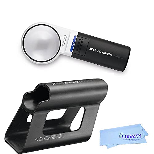 Eschenbach Mobilux LED Handheld Magnifier with Mobase Stand - Hands Free Magnifier with Light and Stand - Low Vision Magnifier Aid with Liberty Microfiber Cloth (4X)
