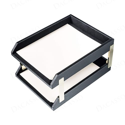 Dacasso Classic Black Leather Front-Load Double Letter Tray Set w/Gold Stacking Posts - Luxury Executive Decor and Office Essential - Desk Surface Protector