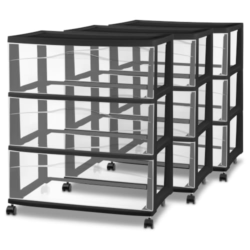 Sterilite 3 Pck Wide 3 Drawer Storage Cart Plastic Rolling Organizer, Black