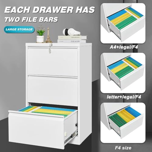 3 Drawers Lateral File Cabinet with Lock, Metal Filing Cabinet with Card Holder, Steel Drawer File Cabinets for Under Desk Use, Perfect for Home Office, Legal, Letter, f4, a4 Size Documents,White