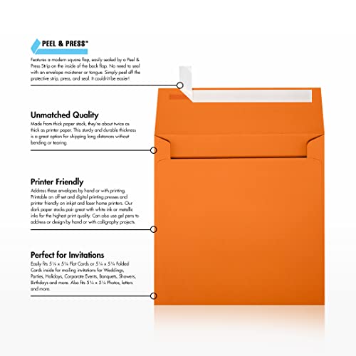 LUXPaper Square Invitation Envelopes | Peel & Press | 5 1/2" x 5 1/2" | Mandarin Orange | 80lb. Text | 1,000 Qty